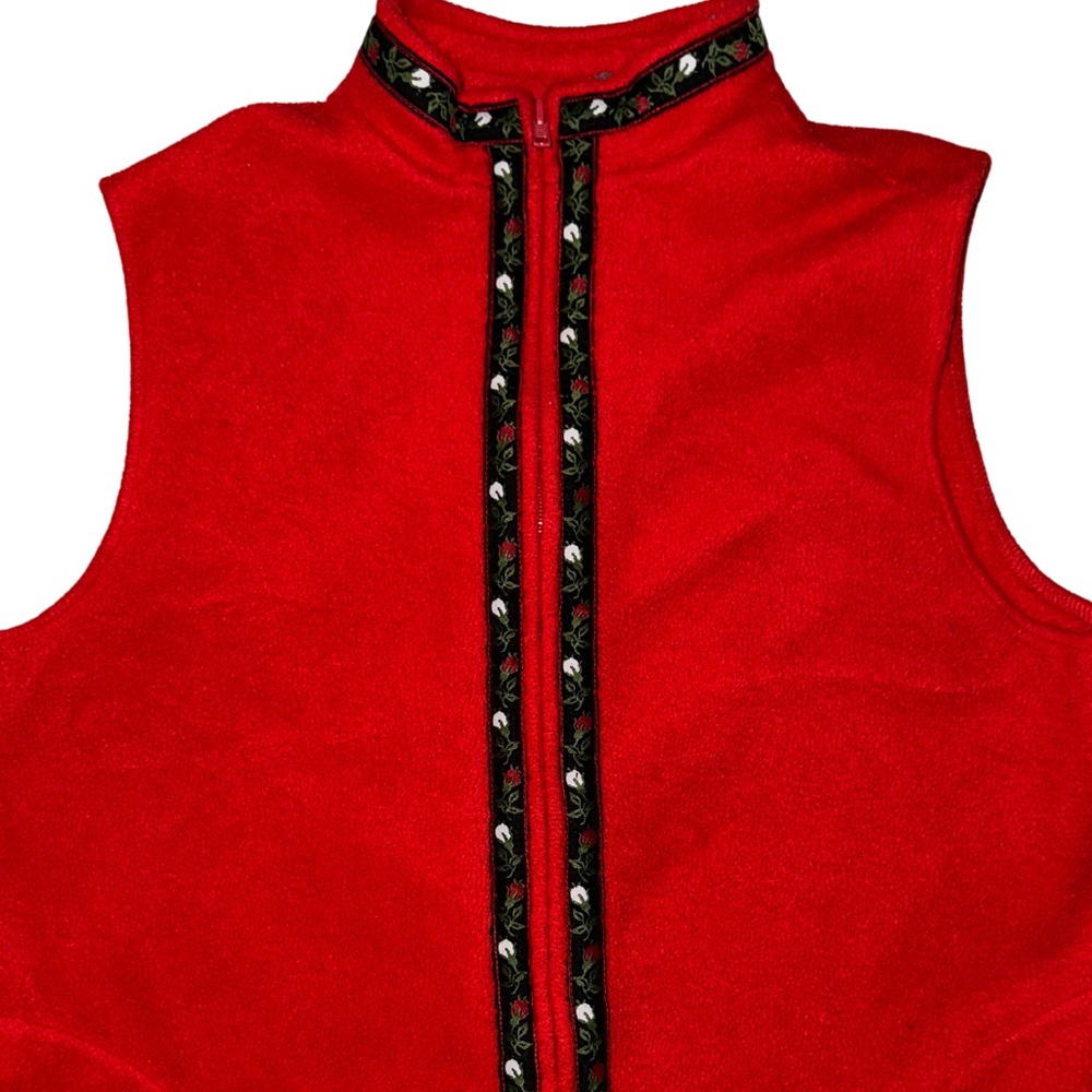 Red fleece zip up vest holiday Christmas vest with floral detail